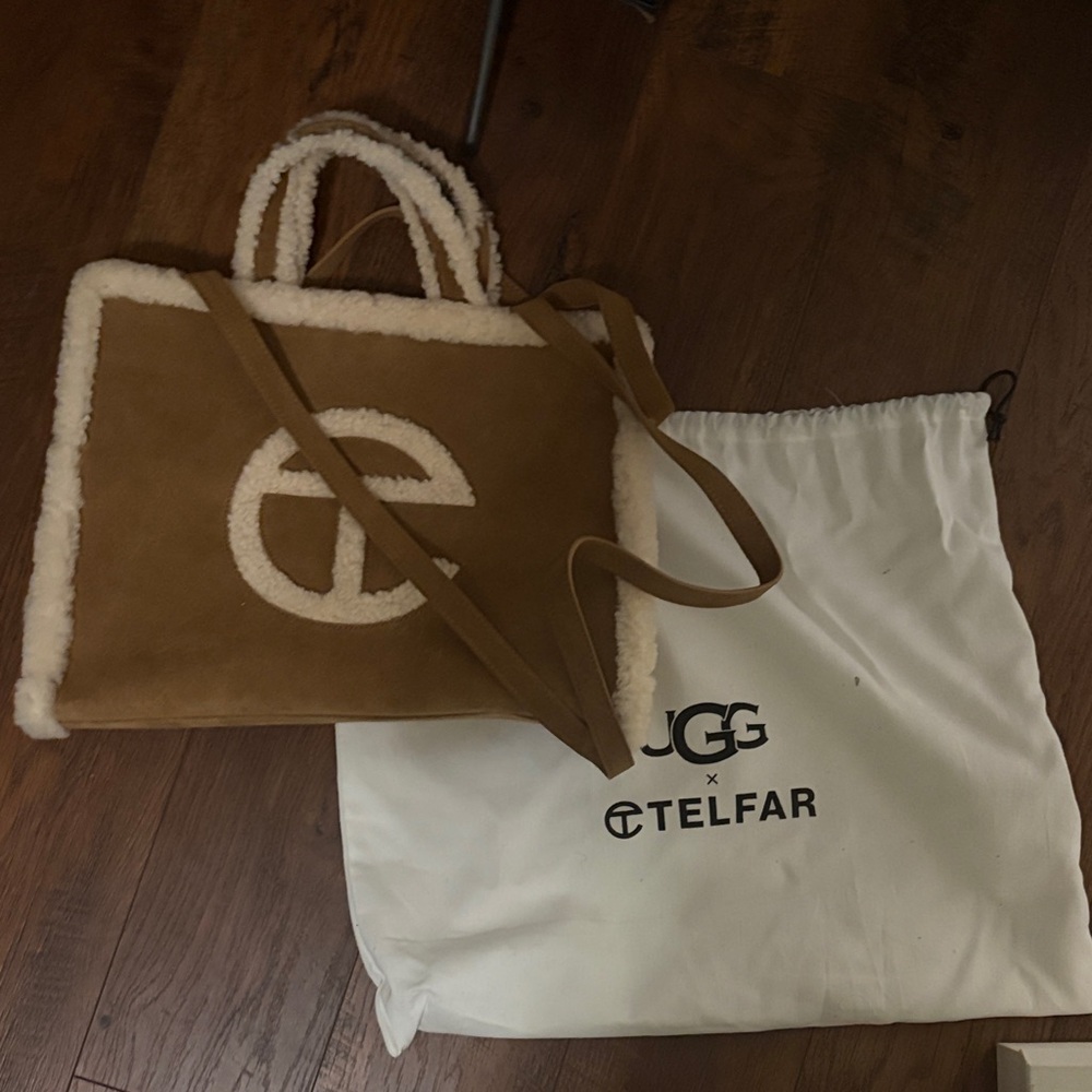 Medium Telfar Tan Tote with Cream Shearling Trim